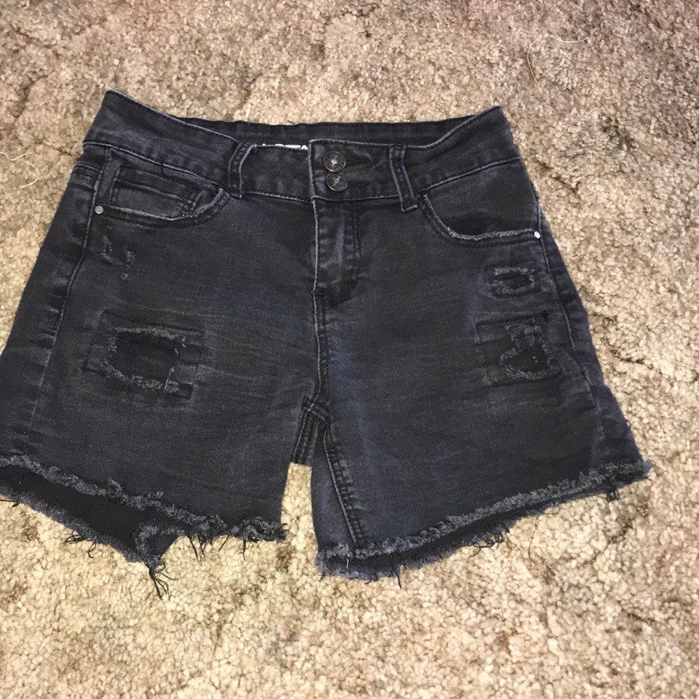 black high rise distressed shorts
